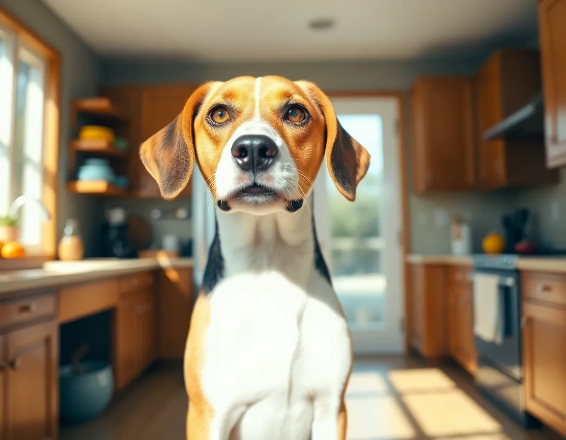 Playful Beagle in Cozy Kitchen A lively Beagle stands playfully in a sunlit kitchen, its curious eyes glinting in the warm, diffused light. The soft textures of the wooden cabinets and vibrant kitchenware blur gently in the background, creating a comfortable and inviting atmosphere. The Beagle's fur showcases fine details and natural color tones, enhancing the warmth of the scene. This delightful image captures a moment of joy and playfulness in a home setting.