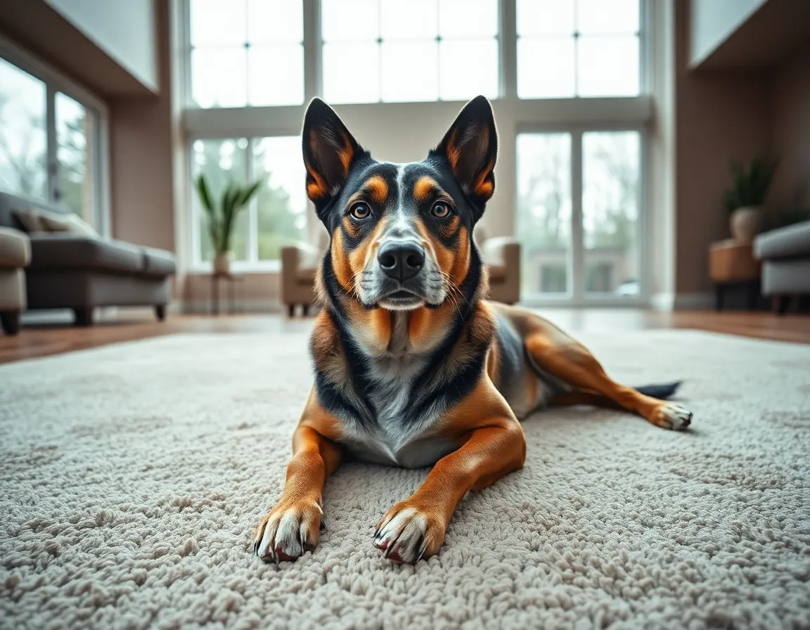 A serene image of a dog resting on a plush carpet, beautifully illuminated by soft, diffused daylight from large windows. The muted colors create a soothing atmosphere, while the focus remains sharp on the dog's sleek coat and attentive expression. The centered composition adds symmetry to the scene, making it visually harmonious. This image embodies a tranquil moment in a cozy home environment, evoking feelings of calm and comfort.
