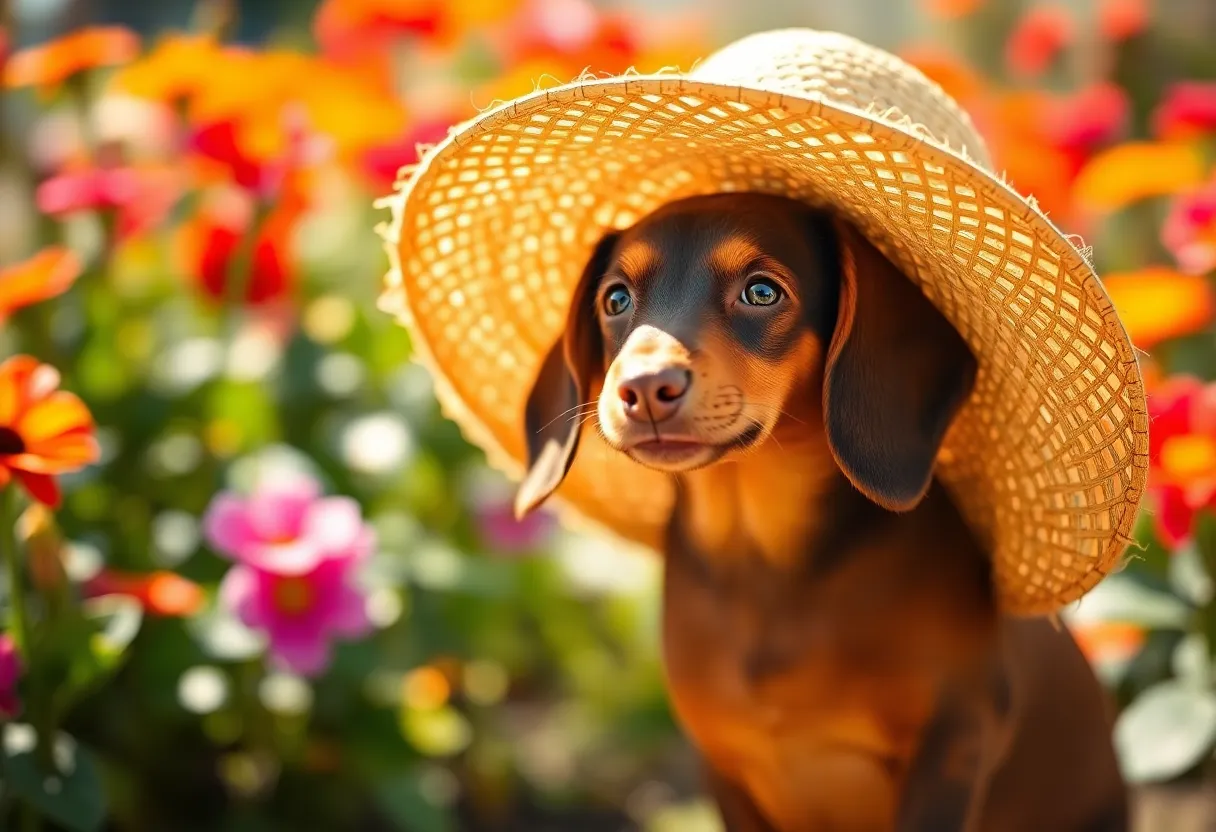 Dachshund Puppy in a Straw Hat