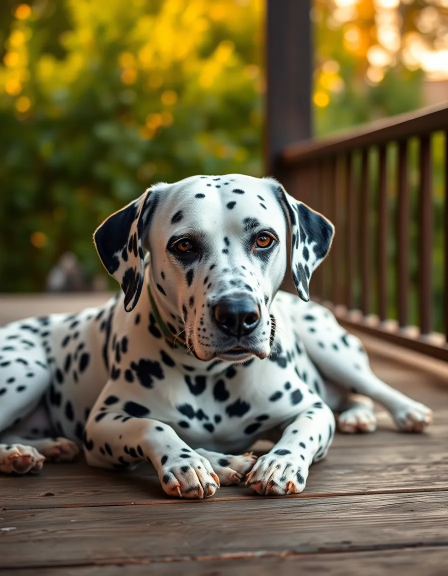 This heartwarming portrait captures a senior Dalmatian peacefully lounging on a rustic wooden porch. The warm evening light accentuates the dog's distinctive black and white spots while creating a serene atmosphere. The lush greenery in the background softly blurs, ensuring the Dalmatian remains the focal point of the image. This composition evokes a sense of nostalgia and tranquility, celebrating the beauty of aging dogs.