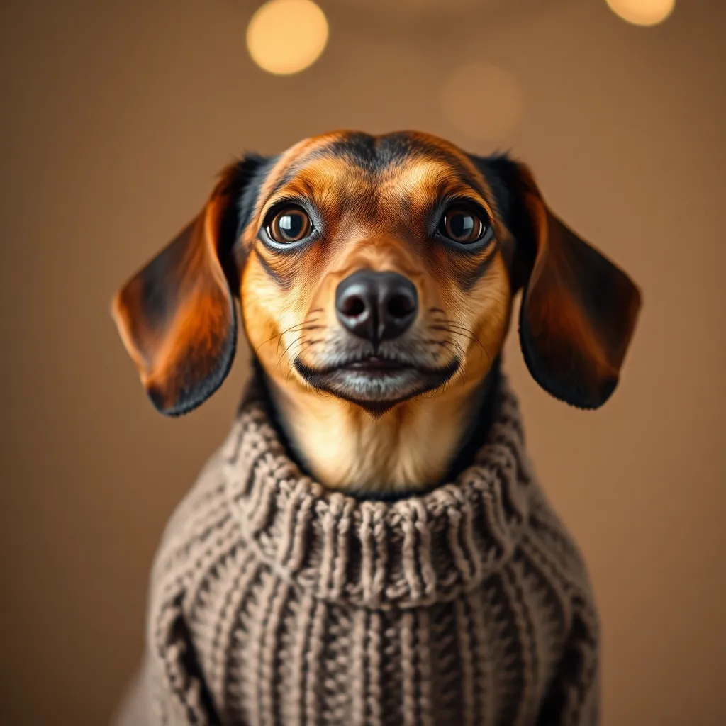 A charming portrait of a Dachshund wearing a colorful knitted sweater, sitting playfully against a softly blurred backdrop. Its curious expression captures attention, while the warm and muted color palette adds a touch of coziness to the scene. The texture of the sweater contrasts delightfully with the dog's shiny fur, and the gentle studio lighting enhances the overall warmth and whimsy of the image.