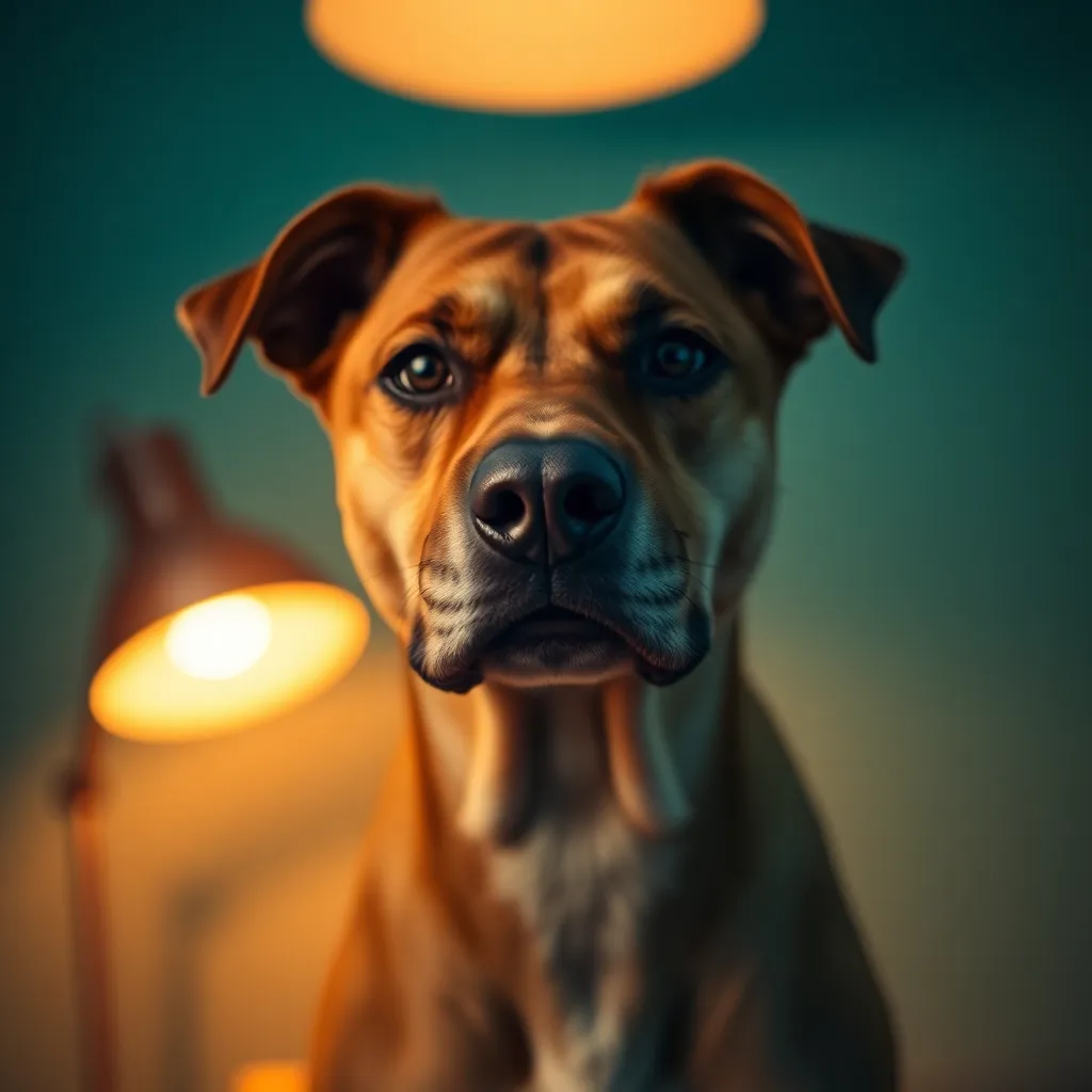 A close-up shot of a French bulldog's face, illuminated by the warm glow of a desk lamp. The dog's large, expressive eyes and unique facial features draw the viewer in, set against a beautifully blurred background. The warm and cool tones create a striking contrast, while the focus on the dog's natural texture adds extraordinary detail to the image.