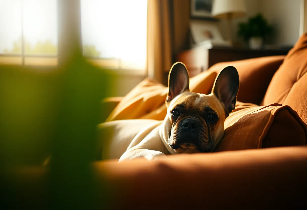 A delightful portrait of a French Bulldog lounging on a cozy couch bathed in warm daylight. The dog’s relaxed expression adds to the inviting atmosphere of the living room, while the rich textures of the couch and subtle details of the decor contribute to the composition. The soft bokeh created by the shallow depth of field enhances the focus on the dog, capturing its charm in a home setting.