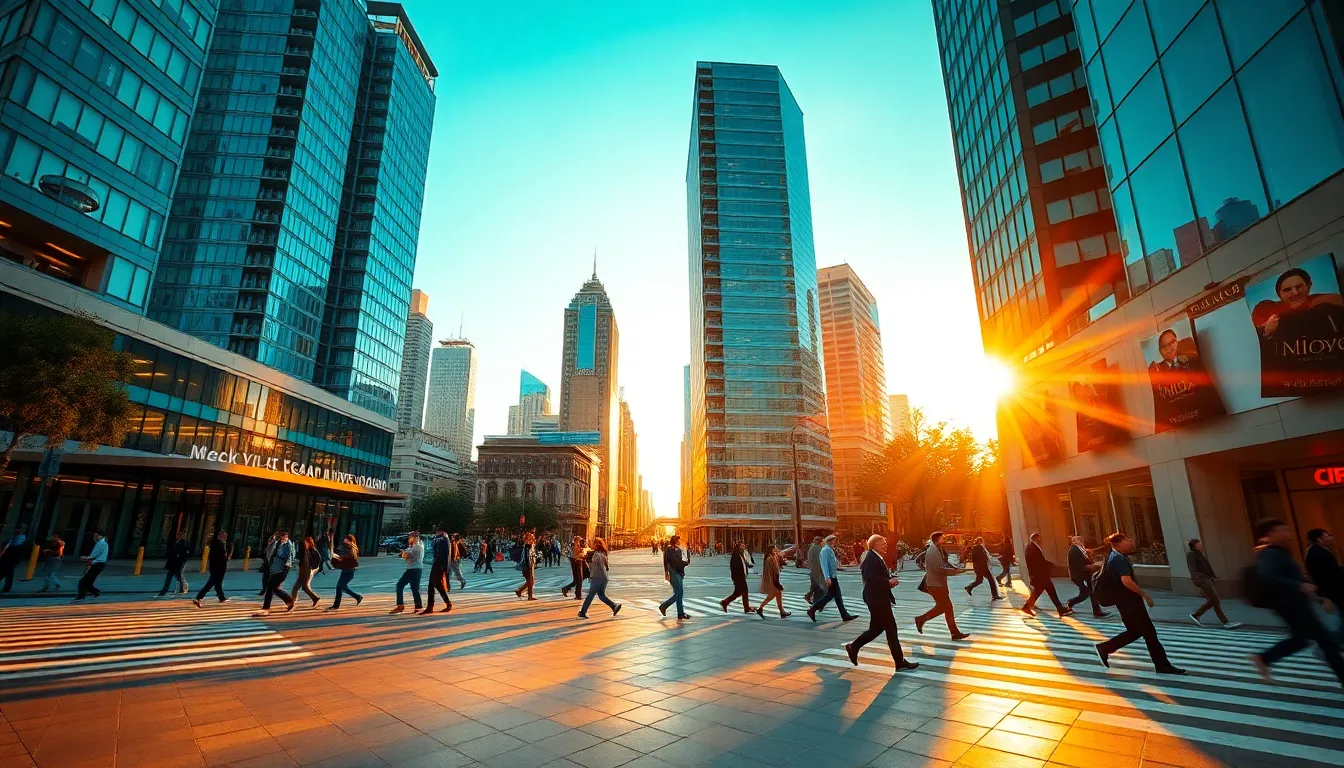 Busy Downtown Intersection at Golden Hour