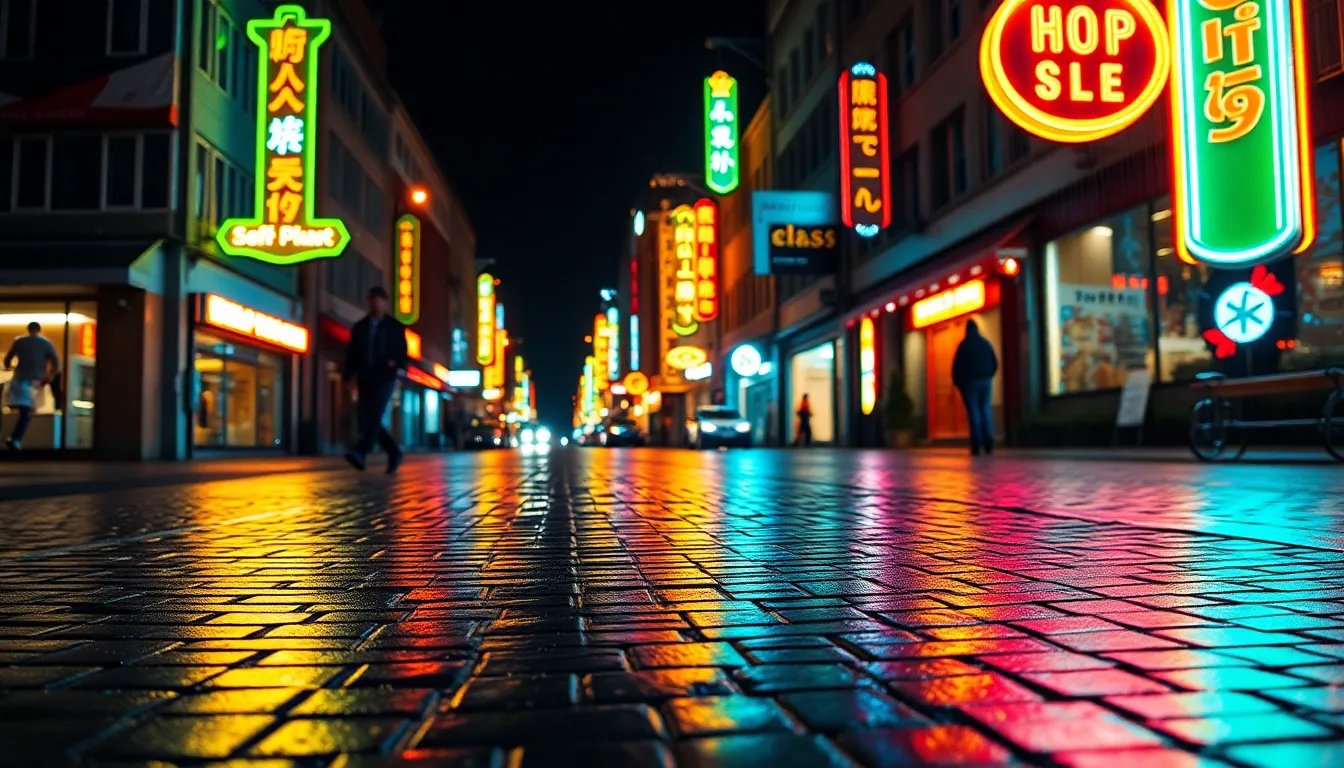 Vibrant Downtown Nightlife with Neon Lights