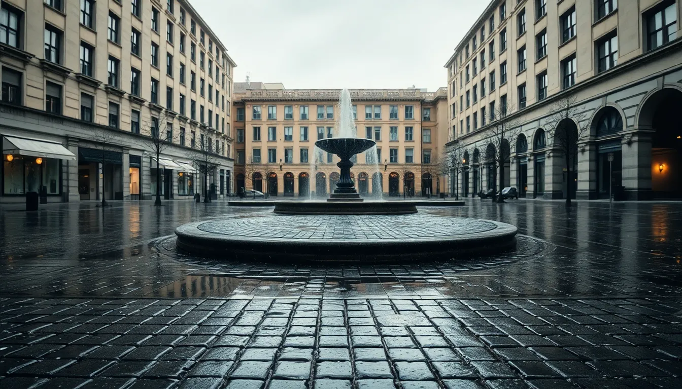 Peaceful Downtown Plaza After Rain A tranquil downtown plaza captured under light rain, where glistening cobblestones and reflections create a serene atmosphere. The image highlights the striking fountain at the center, surrounded by classic architecture that frames the scene beautifully. With soft, diffused light enhancing the muted colors, this photo evokes a sense of calm in the bustling urban environment. The intricate details of wet surfaces invite the viewer into this peaceful moment.