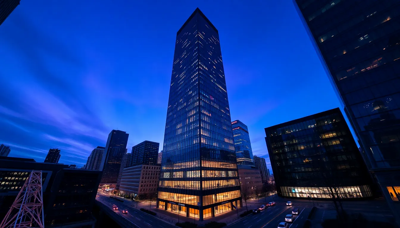 Modern Skyscraper Reflected at Dusk A stunning modern skyscraper rises majestically against a dusky sky, reflecting the vibrant hues of city lights. This image conveys the sleek sophistication of urban architecture, enhanced by the cool ambient lighting that sets a serene evening mood. The focus and detail in the glass surface capture the intricate reflections, making the structure a focal point in the composition. The blues and purples of the sky add to the overall atmosphere of tranquility amid the urban hustle.