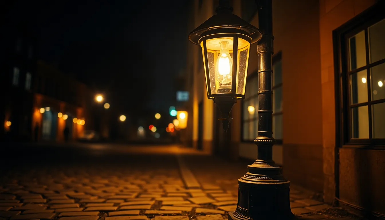 Vintage Street Lamp Illuminating Cobblestones This captivating image features a vintage street lamp glowing warmly against the backdrop of cobblestone streets at night. The practical light casts a soft illumination, creating a nostalgic and romantic atmosphere. With a shallow depth of field, the focus remains solely on the lamp, while the details of the surrounding cobblestones fade into a gentle blur. The warm tones and textures evoke a sense of comfort, inviting viewers to appreciate the charm of the urban night.