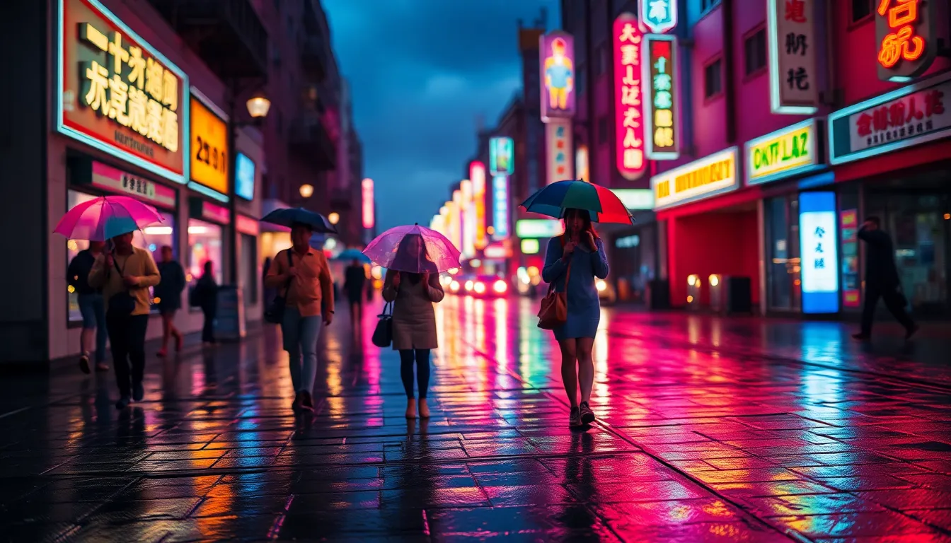 This atmospheric image captures a vibrant downtown scene at dusk, with neon lights reflecting on the wet pavement after rain. Pedestrians are seen walking with colorful umbrellas, adding a lively element to the romantic ambiance. The shallow depth of field beautifully isolates the figures against a softly blurred background, while the glistening textures of the streets enhance the cinematic quality of the scene. The neon color palette creates an engaging and dynamic visual effect.