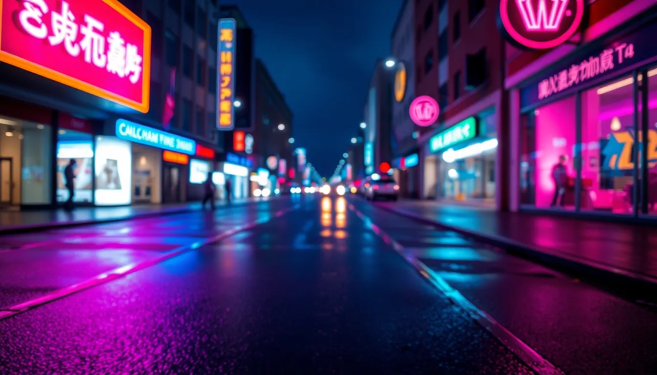 Neon Reflections on Rainy Downtown Night