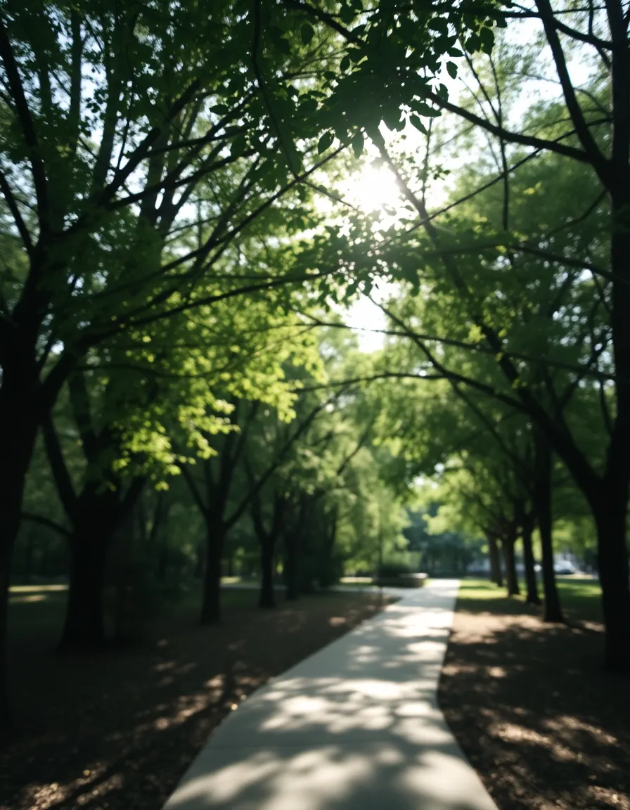 Sunlit Park Pathway in Downtown