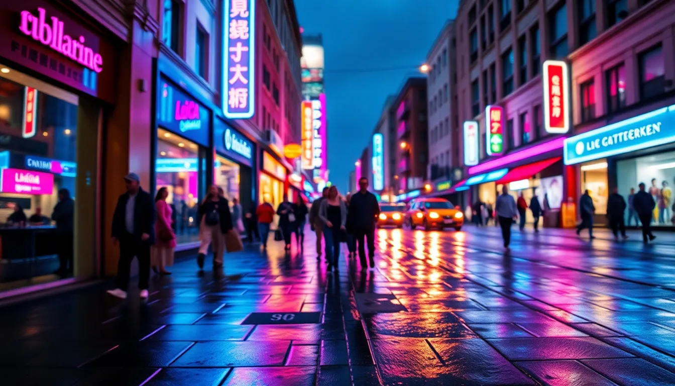 Vibrant Nightlife on a Rainy Downtown Street