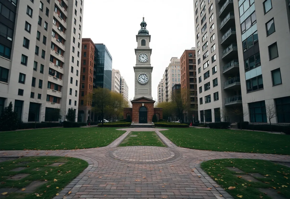 Historic Clock Tower Surrounded by Modernity This image captures a historic clock tower symmetrically framed amidst a serene park, flanked by modern architecture. An overcast sky provides soft, diffused light, creating a calm atmosphere. The natural muted tones contribute to the nostalgic feeling of the scene, while weathered brick paths and scattered autumn leaves add texture and detail. The sharp focus from foreground to background invites the viewer to explore the space.