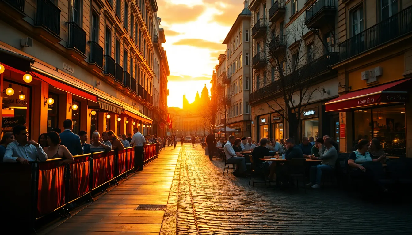 Vibrant Sunset Over Downtown Café