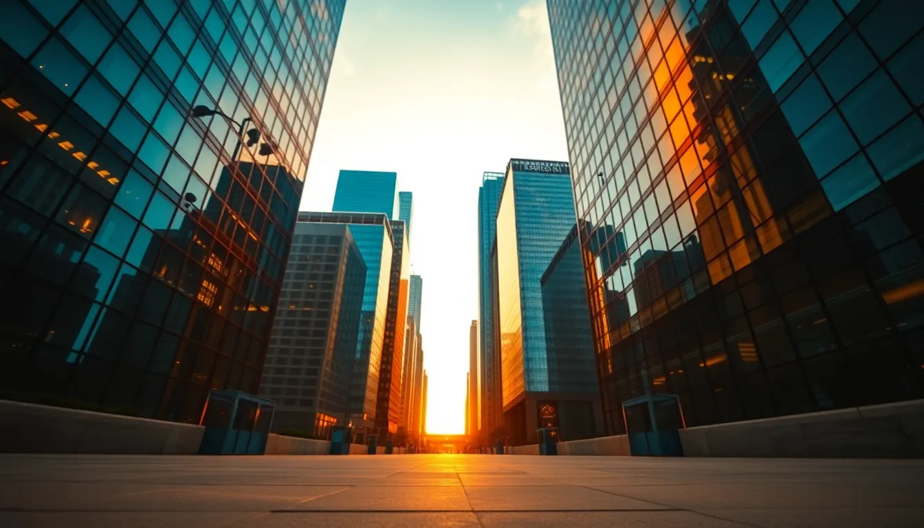Vibrant Downtown Skyline at Sunset A stunning view of a downtown skyline at sunset, featuring glass skyscrapers reflecting vibrant oranges and teals. The buildings rise dramatically against the sky, framed by leading lines of the urban environment. The foreground is softly blurred, drawing attention to the symmetry of the architecture. This image encapsulates the vibrant energy of city life during golden hour.