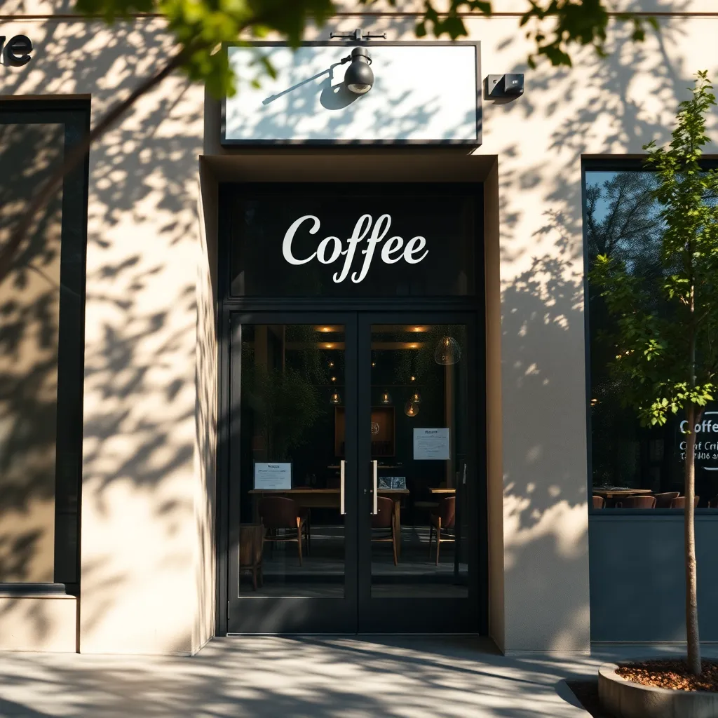 Colorful Mural at Modern Coffee Shop An inviting close-up of a modern coffee shop adorned with a colorful mural, perfectly blending urban art with the charm of café culture. Natural daylight highlights the mural’s intricate details while nearby trees cast soft shadows, enhancing the inviting feel. The composition is centered, showcasing the artwork as a focal point of the café, making it an appealing spot for locals and visitors alike.