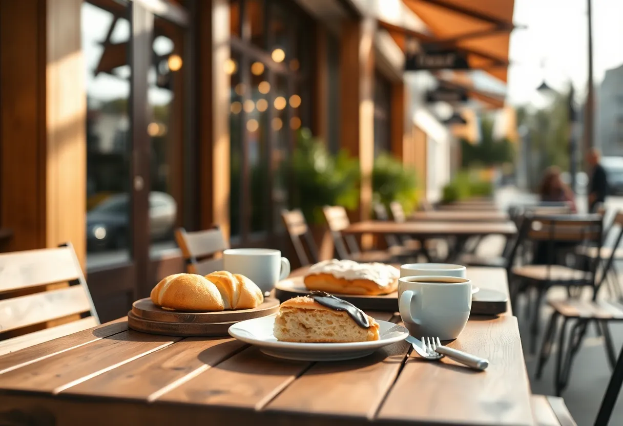 Charming Downtown Café with Artisanal Pastries An inviting outdoor café scene in downtown, showcasing an elegantly arranged table filled with artisanal pastries and a warm cup of coffee. The soft afternoon light bathes the scene in a cozy glow, highlighting the intricate details of the pastries and the warm wooden textures of the furniture. With a selective focus drawing attention to the delicacies, this image captures the charming atmosphere of city life and leisurely moments in a bustling café.