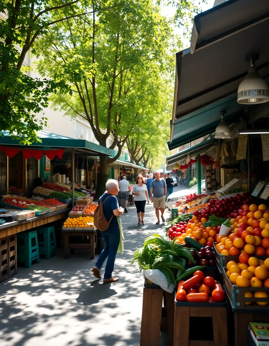 Charming Downtown Outdoor Market A colorful and lively outdoor market scene in downtown, filled with vibrant stalls offering fresh produce and flowers. Bright morning light filters through the leaves, casting delightful shadows on the ground. The vendor stands out in sharp focus, while the bustling environment blurs softly in the background, adding a sense of movement. Textures of fresh fruits and rustic wooden stalls enhance the lively and inviting atmosphere of the market.