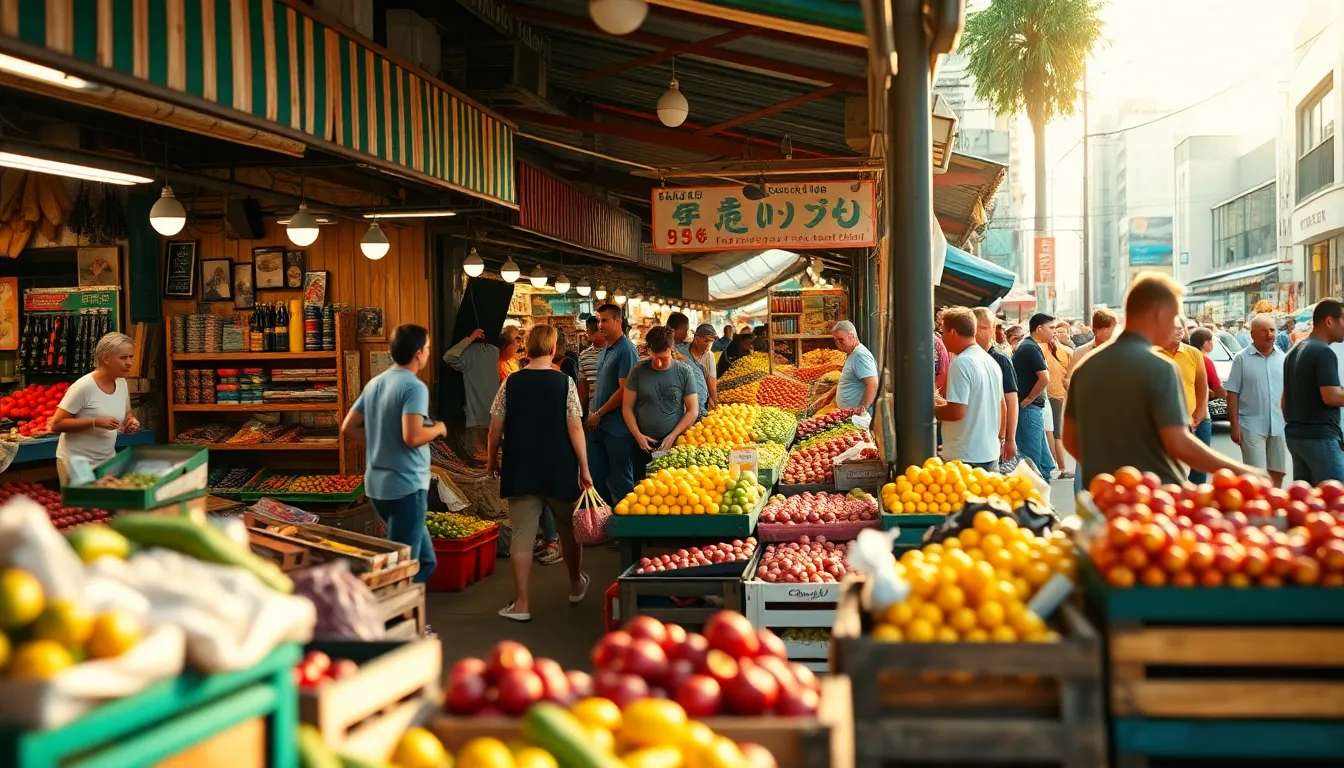 Lively Downtown Street Market in Late Afternoon A bustling street market in downtown comes alive during late afternoon, where vibrant stalls brim with fresh produce and lively shoppers fill the scene. The warm light enhances the rich colors, creating an inviting atmosphere as vendors interact with customers. With a shallow depth of field focusing on a vendor and their display of fruits, the image captures the essence of community and urban charm. The textures of wooden crates and colorful produce add a tangible quality to this lively moment.
