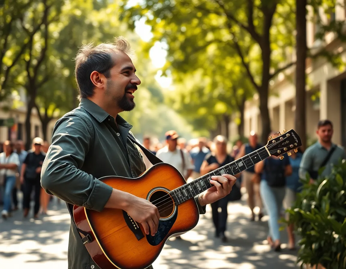 Passionate Street Musician in Downtown