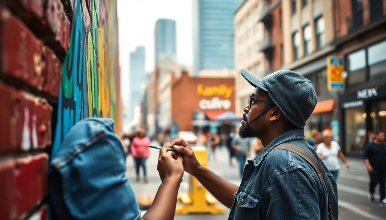 Street Artist Creating Mural in Downtown This dynamic image showcases a street artist engrossed in painting a colorful mural on a brick wall in downtown. The soft, diffused daylight of an overcast afternoon enhances the vibrant colors of the paint, capturing the artist's dedication. With a shallow depth of field, the background melts away into a creamy bokeh, offering focus on the artist's expressive creativity. The texture of the brick and paint adds an urban authenticity to this lively scene.