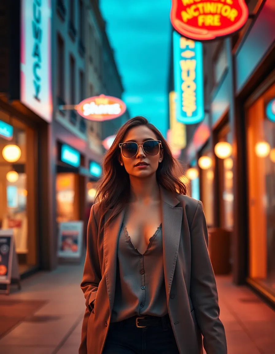 Chic Woman in Downtown Shopping District at Dusk