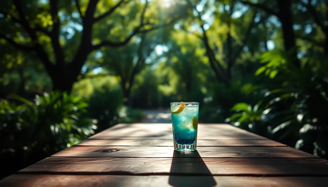An inviting scene of a glass of iced tea garnished with fresh mint leaves, presented on a rustic wooden table outdoors. Dappled sunlight breaks through the tree canopy, creating gorgeous bokeh highlights around the drink, enhancing the freshness of the mint. The vibrant colors and natural textures evoke a sense of tranquility, making it an ideal choice for health-focused brands or summer events.