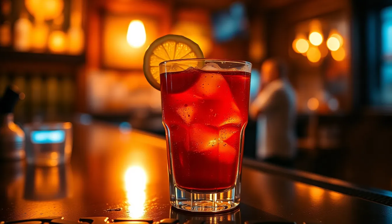 A beautifully crafted cocktail sits on a polished wooden bar table, illuminated by warm tungsten lighting that creates an inviting ambiance. The drink, garnished with a slice of lemon, showcases condensation droplets that glisten in the light. The blurred background reveals hints of the bar's atmosphere, enhancing the drink's appeal. The overall warm amber and brown tones evoke a cozy and relaxed mood.