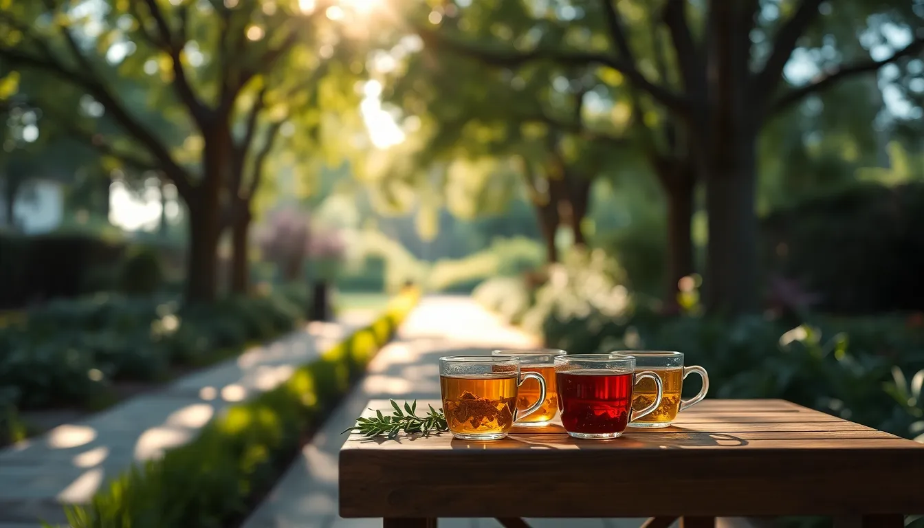 Elegant glass cups filled with assorted herbal teas are beautifully arranged on a rustic wooden table, seamlessly blending with a vibrant garden setting. The dappled sunlight filtering through the tree canopy creates mesmerizing bokeh highlights, adding a magical quality to the scene. Saturated colors evoke the freshness of the teas, while the shallow depth of field keeps the focus on the cups. This idyllic composition invites viewers to savor the tranquility of nature with a warm cup of tea.