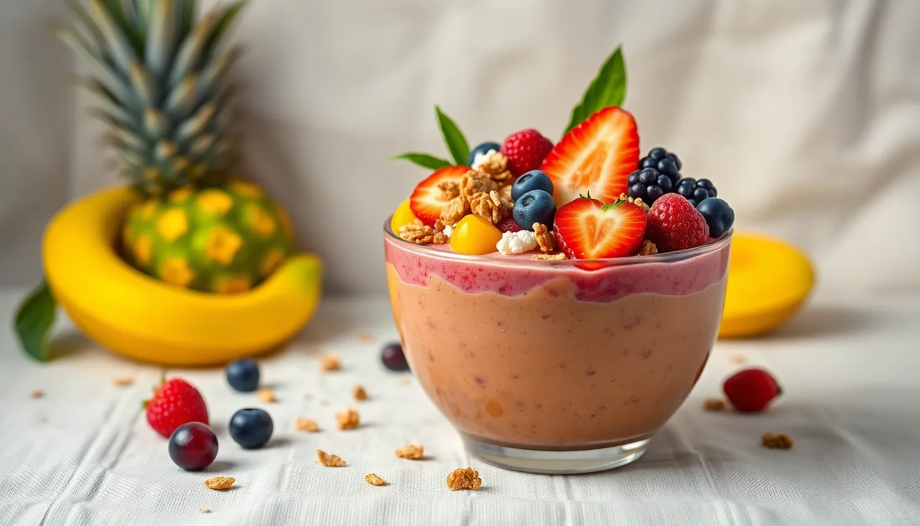 Vibrant Tropical Smoothie Bowl A vibrant tropical smoothie bowl brimming with bright, fresh fruits and crunchy granola is beautifully captured against a soft linen backdrop. Studio lighting enhances the smooth texture of the smoothie while showcasing the rich colors of the toppings. The centered composition invites viewers to indulge in this healthy treat, evoking feelings of freshness and vitality. This image is perfect for health-focused publications and food blogs.