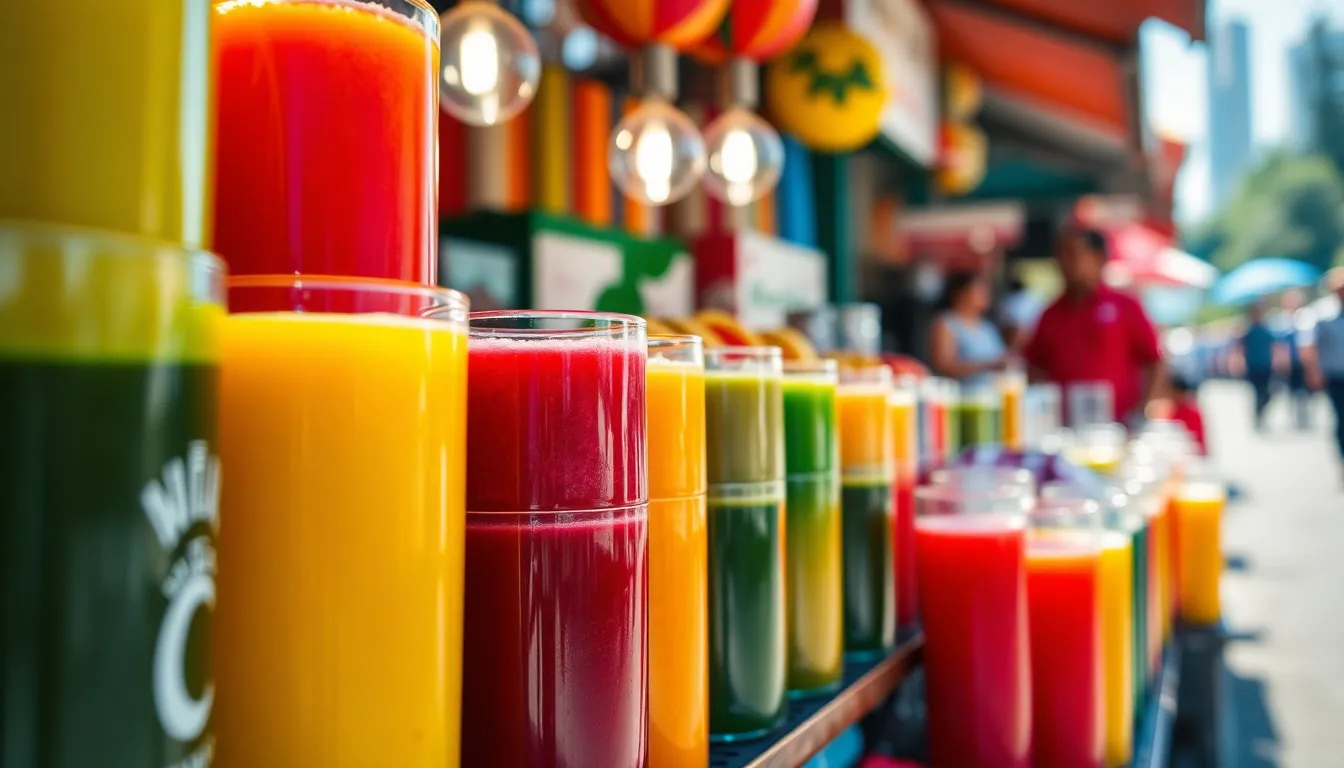 This lively image captures a bustling street market stall filled with an array of colorful fruit juices presented in various glass containers. The bright early morning sunlight enhances the vibrancy of the juices, creating an inviting atmosphere. A shallow depth of field draws the viewer's focus to the bright colors while the softly blurred background hints at the lively market surroundings. This appealing setup perfectly illustrates the joy of fresh, natural beverages in a vibrant cultural setting.
