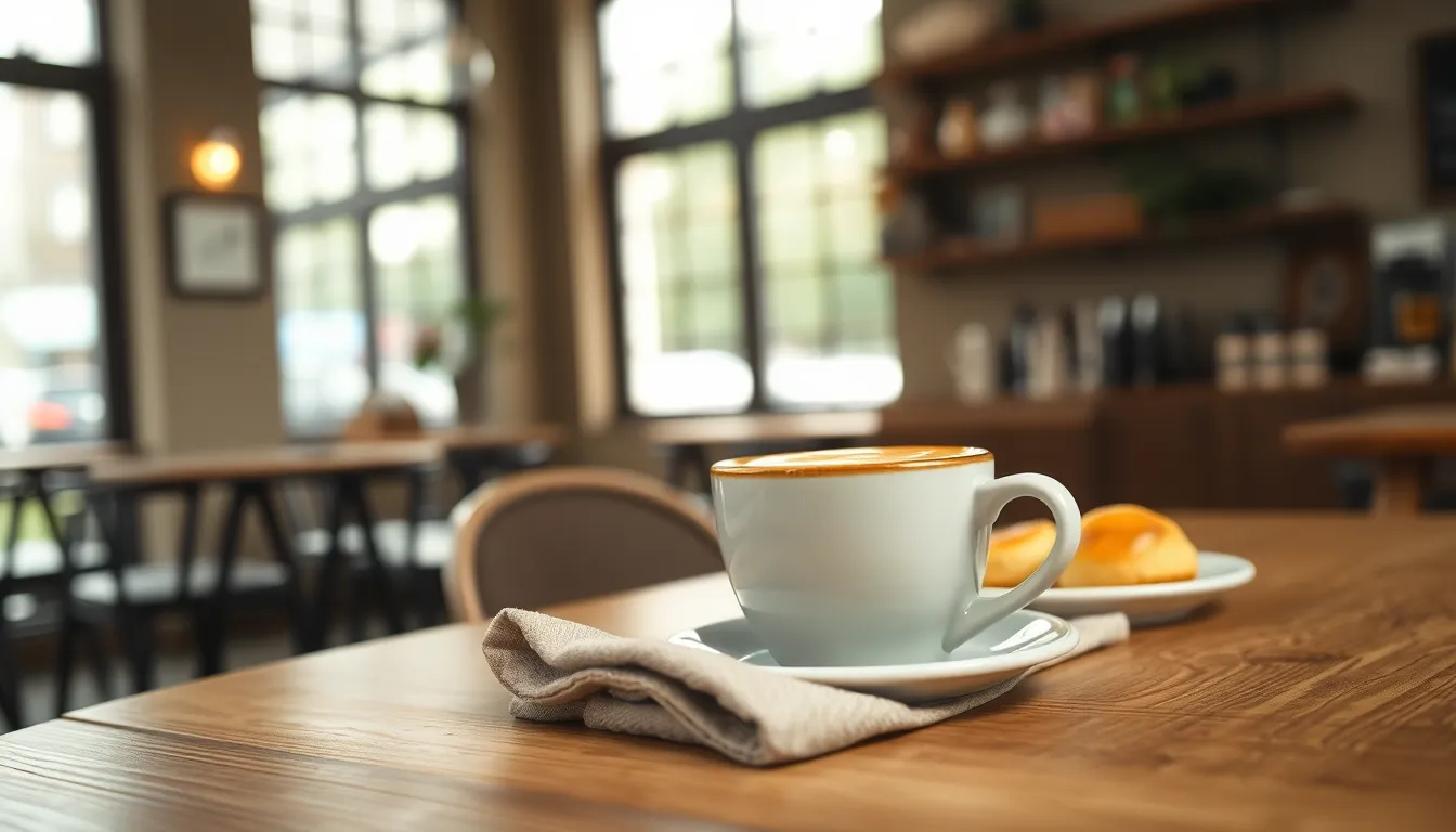 Cappuccino Art in a Cozy Coffee Shop This intimate scene features a beautifully crafted cappuccino with intricate latte art, set against the backdrop of a cozy coffee shop. Soft, overcast light highlights the warm tones of the drink and the rustic texture of the wooden table. A linen napkin and a plate of pastries complete the setting, creating an inviting atmosphere. Ideal for café promotions and coffee lovers, this image captures the essence of a perfect coffee break.