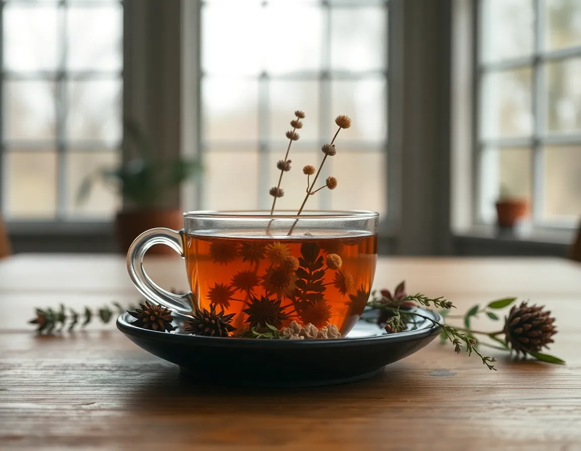 A beautifully arranged artisan herbal tea blend presented in a clear glass teapot, showcasing vibrant dried flowers and herbs. The overcast daylight provides a soft, inviting atmosphere, with natural muted tones contributing to the serene feel. Artistic elements are highlighted through meticulous styling, making this image perfect for wellness brands and organic products.