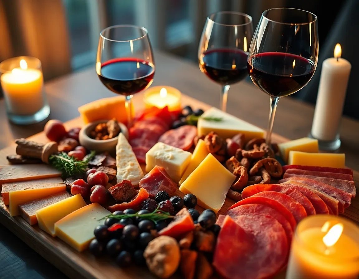 This elegant image features an aerial view of a gourmet charcuterie board adorned with a variety of cheeses, cured meats, and accompanying glasses of red and white wine. Illuminated by soft candlelight, the warm colors evoke a cozy and sophisticated atmosphere. The meticulously arranged food invites viewers to indulge, making it ideal for culinary publications or catering services. The sharp focus highlights the intricate details of each element, creating a mouthwatering visual.