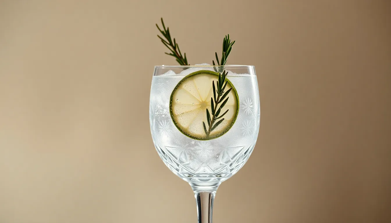 An elegant gin and tonic sparkles in a finely cut crystal glass, exuding sophistication and refinement. The drink is meticulously garnished with a fresh lime slice and aromatic rosemary, adding both visual appeal and a hint of herbal fragrance. Soft studio lighting brings out the clarity and effervescence of the tonic, making this image ideal for cocktail enthusiasts. A timeless presentation captures the essence of upscale dining and mixology.