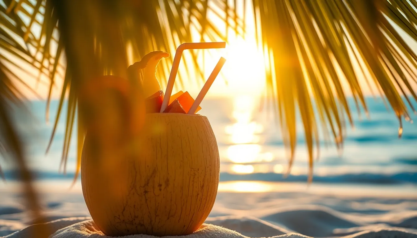 This image captures a refreshing coconut drink adorned with a colorful straw and tropical garnish, set against a backdrop of soft sunset light piercing through palm leaves. The close-up shot emphasizes the textures of the coconut as well as the warm tones of the golden hour, creating an inviting and vibrant atmosphere. The leading lines of palm leaves draw the viewer's eye towards the drink, embodying the spirit of a tropical paradise.