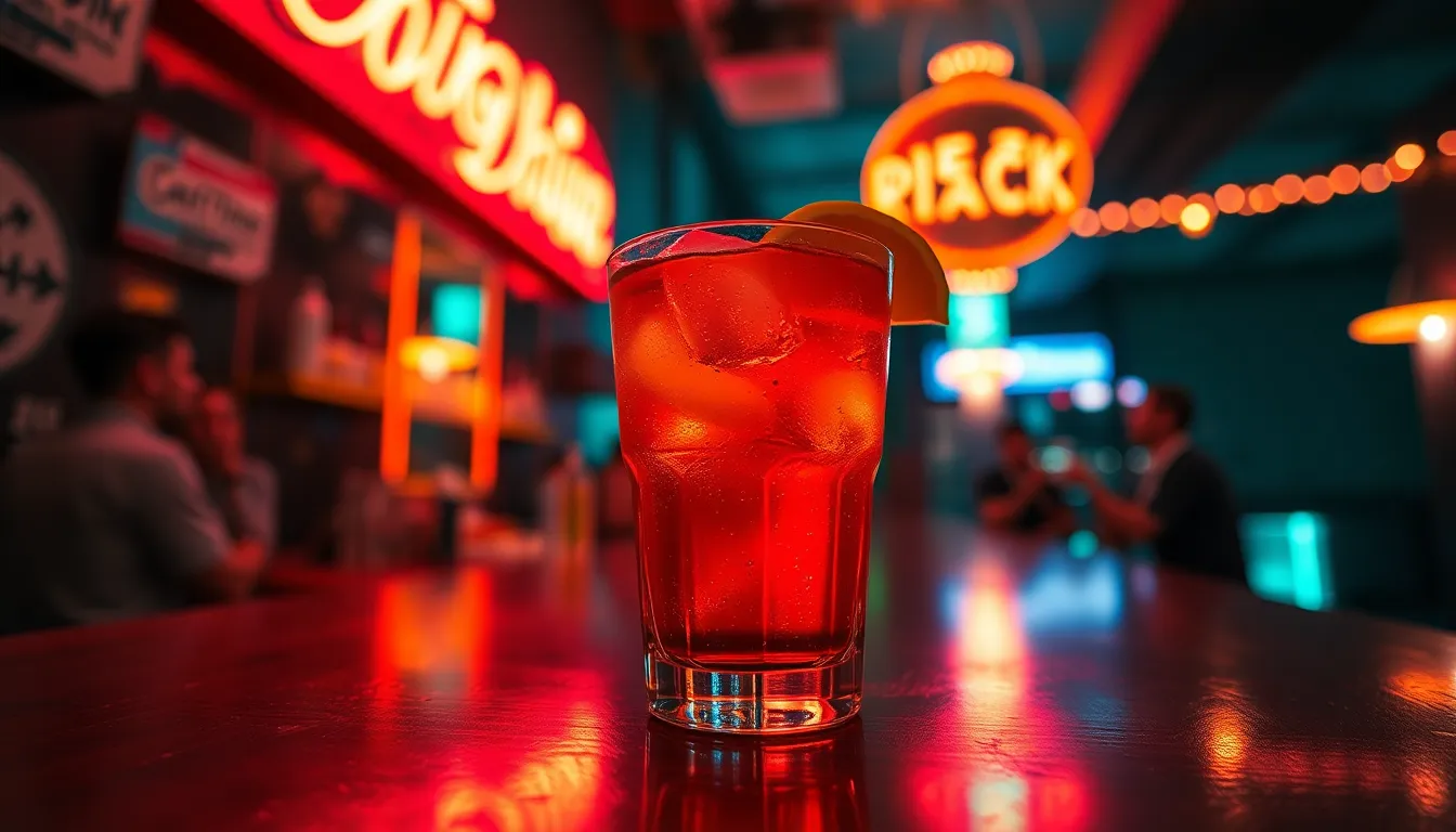 A close-up of a modern cocktail showcases vibrant colors illuminated by warm neon lights, reflecting off the surface of the drink. Captured at a low angle, the image layers the cocktail against a lively bar setting, creating an exciting vibe. The cinematic teal and orange color grading enhances the energetic atmosphere, while the hyperfocal depth of field brings detailed focus to the drink's intricate garnishes, inviting viewers to experience the nightlife.