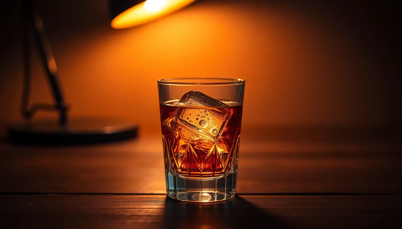 An elegant crystal glass filled with rich amber whiskey rests on a polished dark wooden surface, illuminated by the warm glow of a tungsten desk lamp. The ice cubes create fascinating reflections within the glass, adding depth to the image. With a shallow depth of field, the focus remains sharply on the drink while the background dissolves into a soft, inviting bokeh. This image conveys sophistication, making it ideal for luxury beverage marketing.