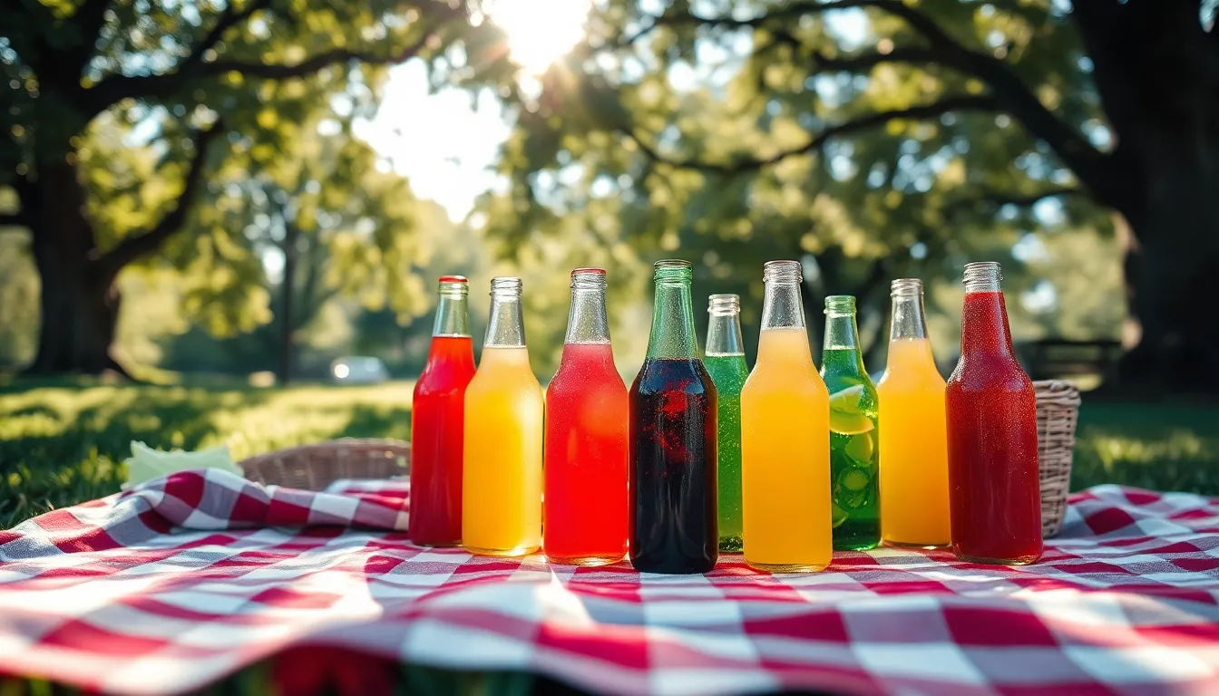 This lively image showcases an outdoor picnic scene with a selection of colorful drinks served in vintage glass bottles, arranged on a classic checkered blanket. The dappled sunlight filtering through the trees adds a whimsical touch, enhancing the vibrant colors of the drinks. The hyperfocal focus keeps all elements sharp, inviting viewers to partake in the cheerful atmosphere of a sunny day. Ideal for outdoor dining or lifestyle content, celebrating the joys of summer.