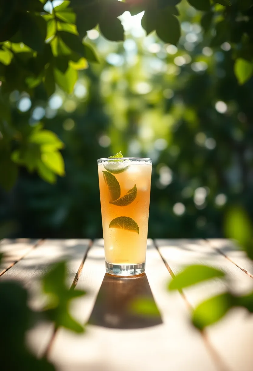 A glass of herbal-infused iced tea rests on a rustic wooden table, surrounded by fresh herbs and leafy greens. Dappled sunlight filters through the canopy above, creating enchanting highlights and shadows across the scene. The drink's earthy tones blend beautifully with the natural wood, while the creamy bokeh in the background emphasizes the refreshing essence of the beverage. This captivating image invites viewers to indulge in a moment of serene refreshment.