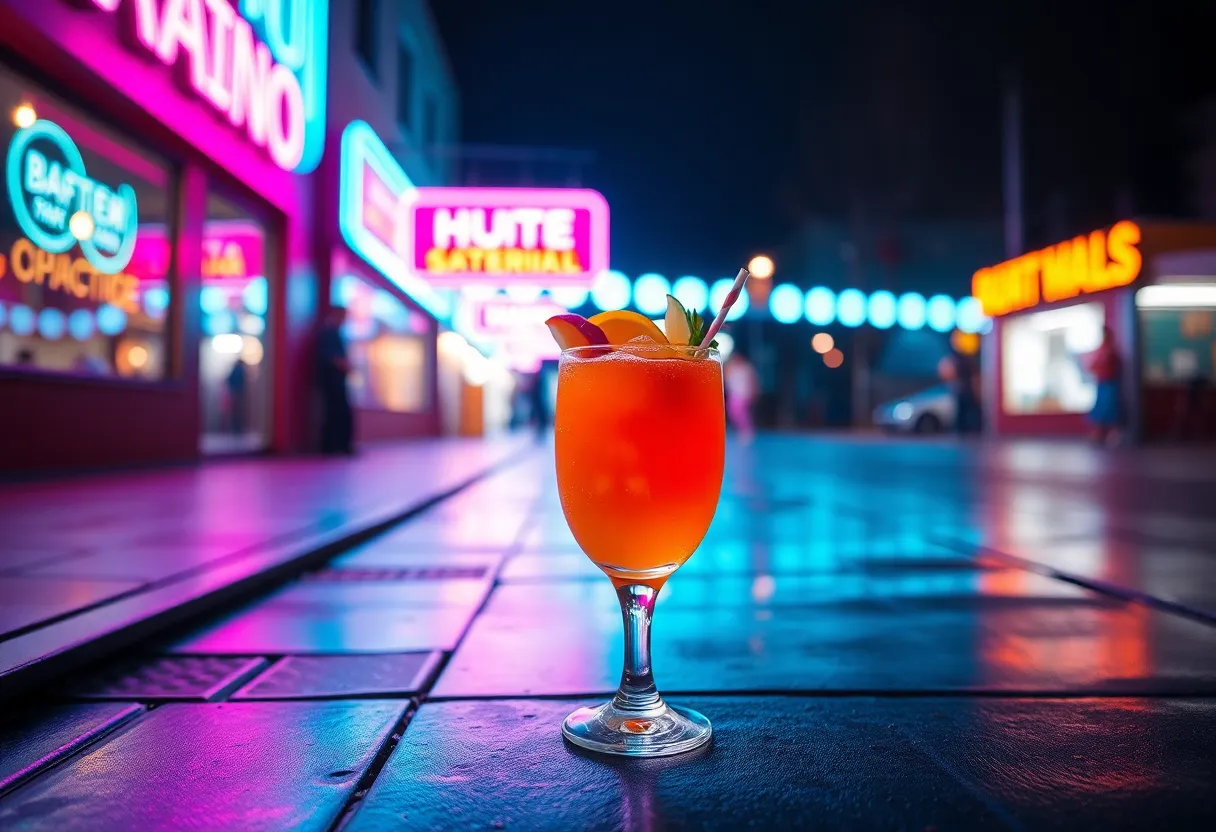 An electrifying image of a vibrant cocktail displayed against a backdrop of neon lights reflecting off wet pavement. The dynamic Dutch angle adds energy, while the cocktail, adorned with fresh fruit, draws the eye with its bright colors. The contrasting teal and orange color grading enhances the mood, making it ideal for nightlife promotions or trendy bars.