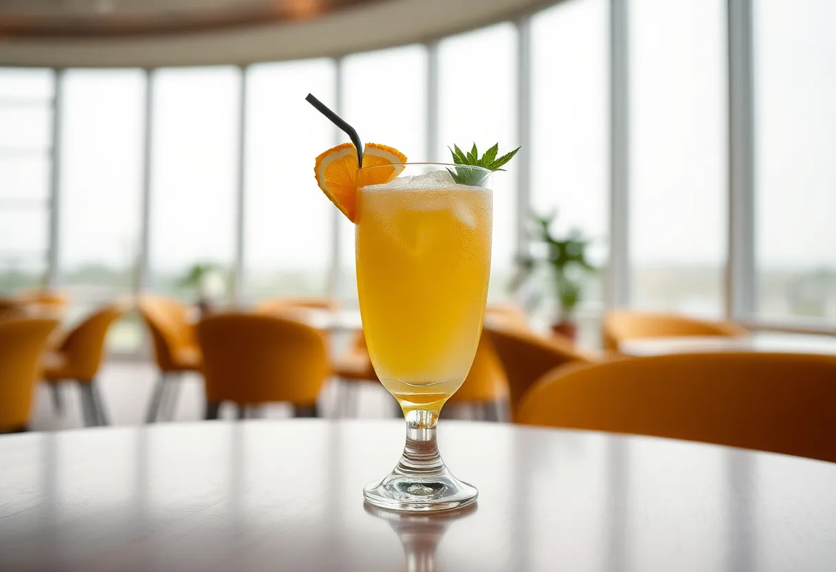 A vivid tropical mocktail, adorned with vibrant fruit slices, sits on a polished wooden table. Overcast daylight lends a soft quality to the scene, enhancing the saturation of colors that pop against the neutral backdrop. The glass showcases condensation that hints at the refreshing nature of the drink inside. This inviting composition, with strong leading lines, makes it an appealing visual for summer-themed and tropical beverage promotions.