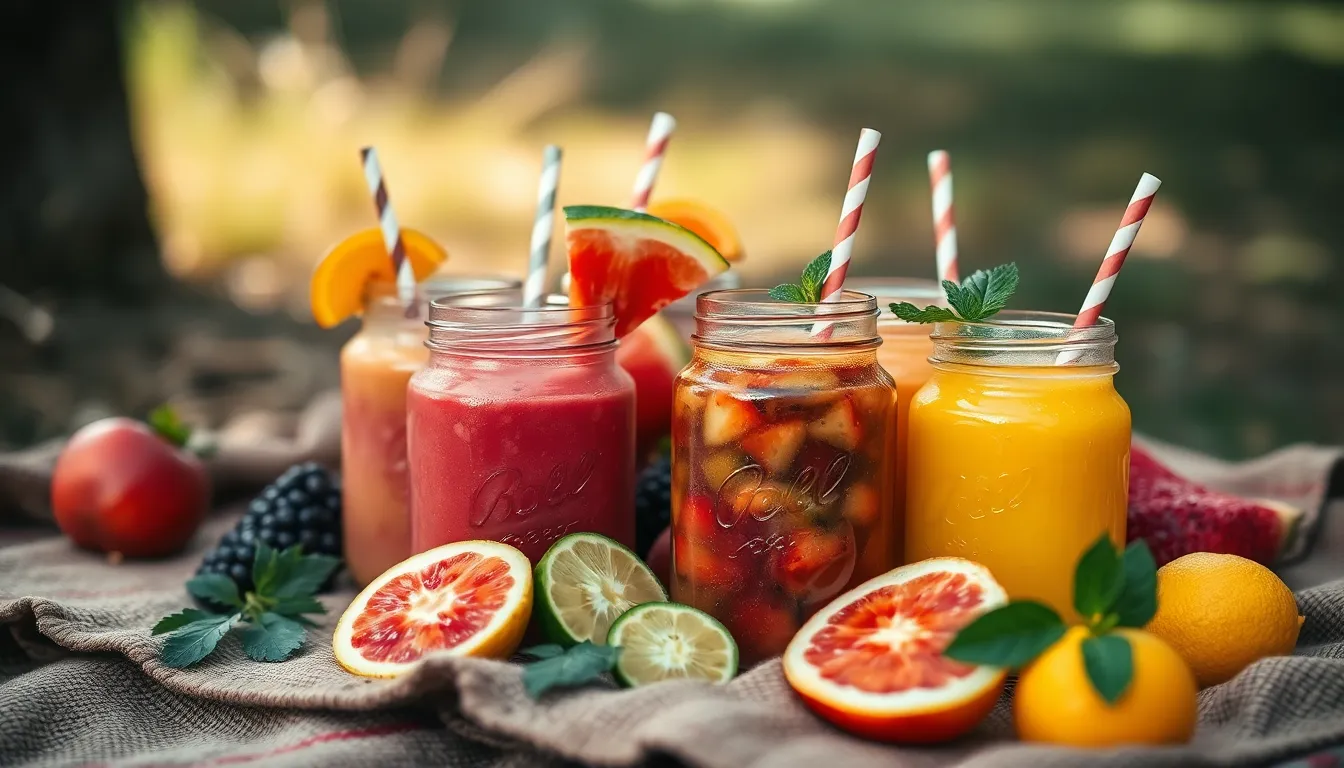 Colorful Fruit Smoothies on a Picnic Blanket A delightful array of fruit smoothies in glass jars captures the essence of a sunny picnic day. The drinks, adorned with fresh fruit garnishes and colorful straws, rest on a beautifully patterned picnic blanket. Soft daylight filters through the trees, enhancing the natural colors and textures of the setting. This image radiates joy and freshness, ideal for health and wellness marketing.