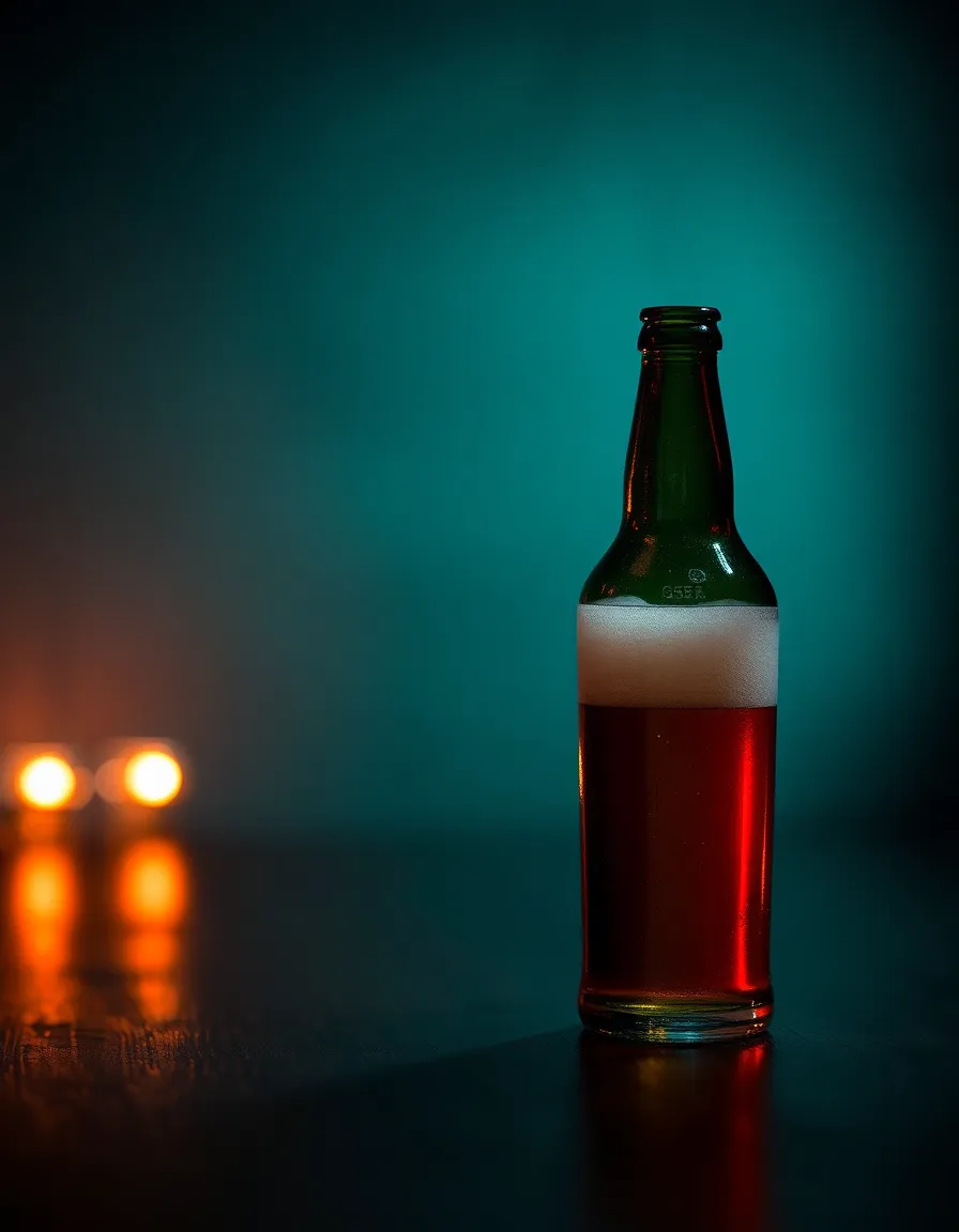A craft beer bottle and a glass filled with frothy beer are dramatically captured on a dark wooden surface. The Rembrandt lighting creates striking shadows, enhancing the moody teal and orange color grading. With a shallow depth of field, the foreground focus draws attention to the amber hues of the beer, adding an inviting touch to this captivating scene.