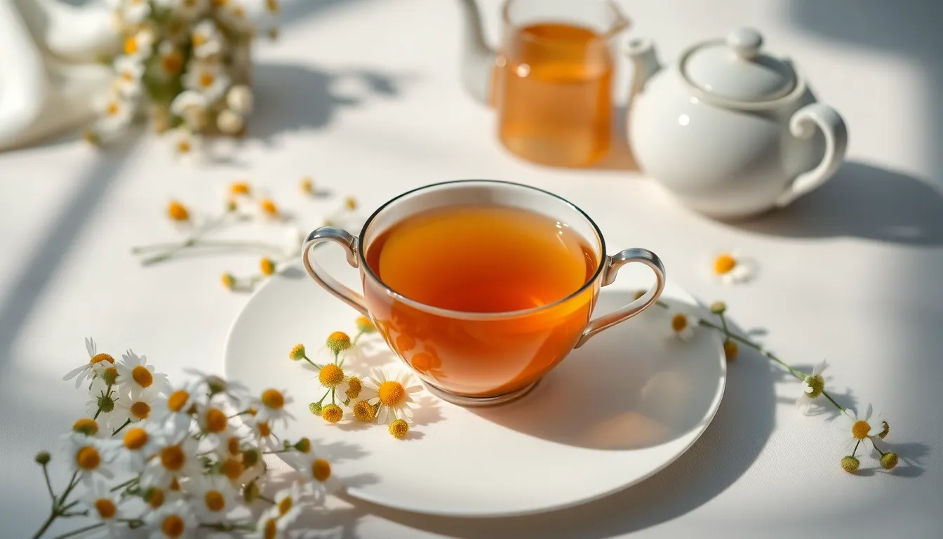 A tranquil tea party scene showcases a delicate porcelain teacup filled with chamomile tea, artfully arranged with fresh chamomile flowers and a drizzle of honey. The soft pastels of the setting and the gentle butterfly lighting create an inviting atmosphere of calm and serenity. The symmetrical composition perfectly encapsulates the essence of relaxation, making it ideal for tea lovers and lifestyle photography.