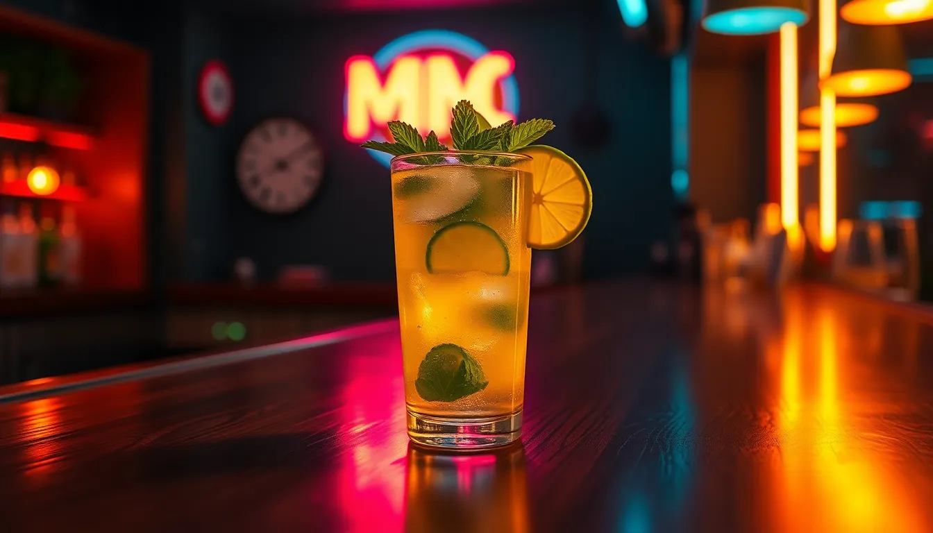 A vibrant mojito garnished with fresh mint and a slice of lime stands out against a reflective bar counter illuminated by a dramatic neon sign. The shallow depth of field blurs the background while highlighting the drink's freshness and color, creating a lively atmosphere perfect for nightlife. This image captures the essence of a fun evening out, appealing to bar and cocktail lovers alike.