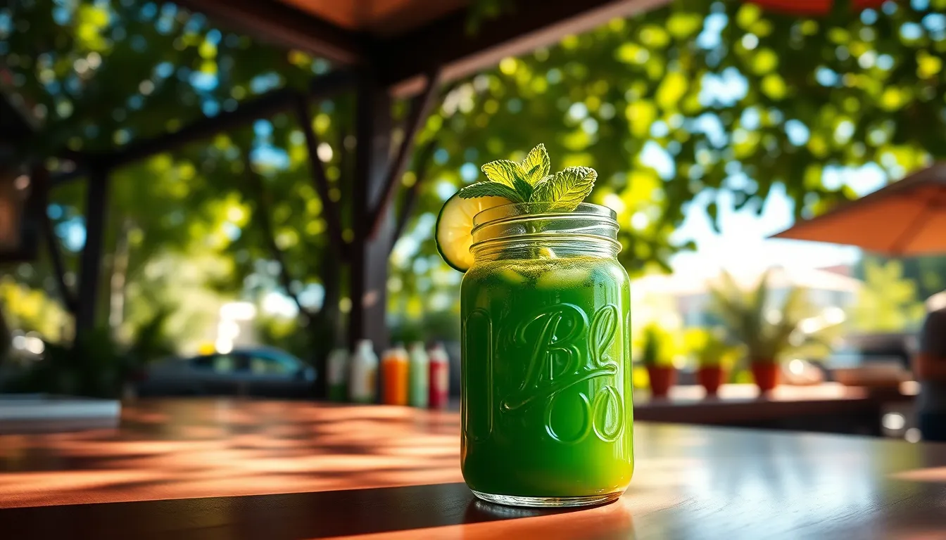 Refreshing Green Juice at a Sunny Juice Bar A vibrant green juice served in a mason jar is beautifully showcased at an outdoor juice bar, surrounded by lively greenery. Dappled sunlight filters through the leaves, adding warmth and charm to the composition. The refreshing drink, garnished with cucumber and mint, radiates health and vitality. This image is perfect for wellness brands looking to promote natural and fresh beverage options.