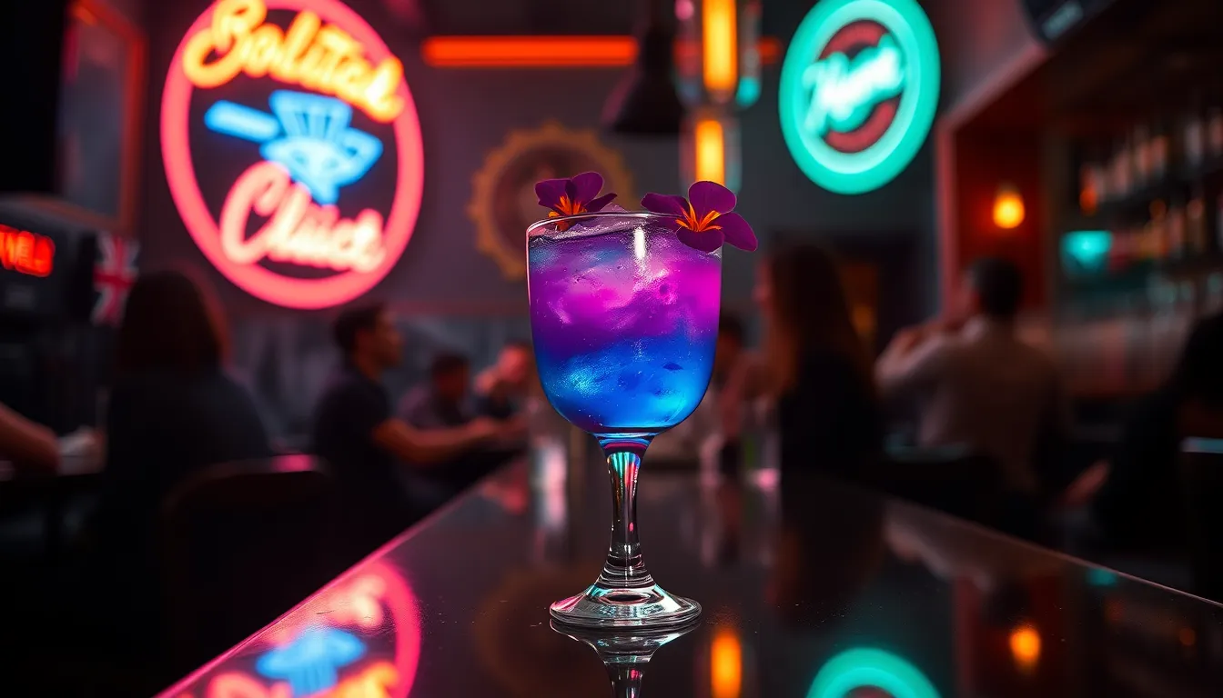 Cinematic Cocktail Experience in a Bar This captivating image features a cocktail with stunning blue and purple hues, illuminated by moody bar lighting. The glass is elegantly garnished with edible flowers, creating a striking focal point against a blurred bar backdrop. The neon reflections add a vibrant energy, while the deliberate use of shadows conveys a dynamic atmosphere. Perfect for nightlife and beverage promotions, this image encapsulates an engaging nightlife experience.