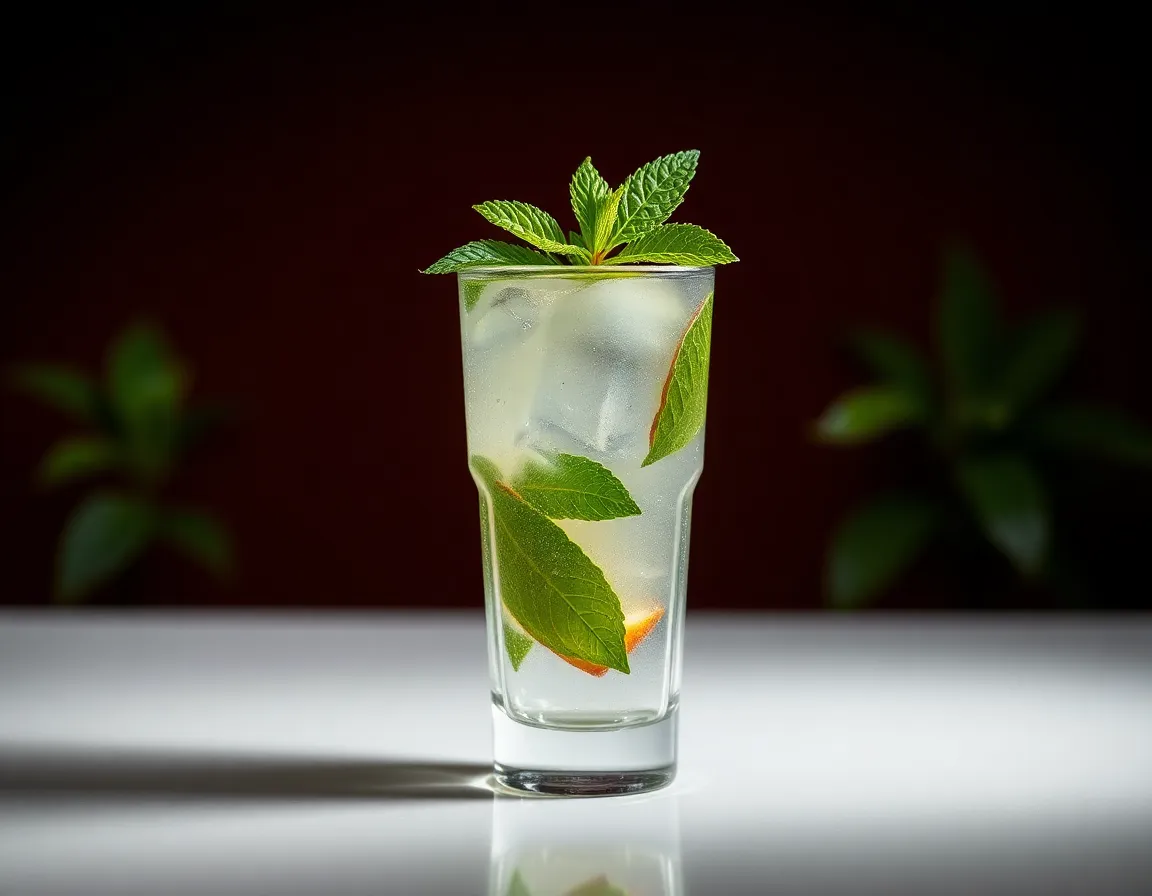 This vibrant mojito bursts with color, showcased in a crystal clear glass illuminated by a three-point studio lighting setup. The dynamic composition uses leading lines to draw the viewer’s eye towards the drink, while the deep reds and greens create a lively atmosphere. The freshness of the mint garnish enhances the appeal, making it a perfect summer refreshment.