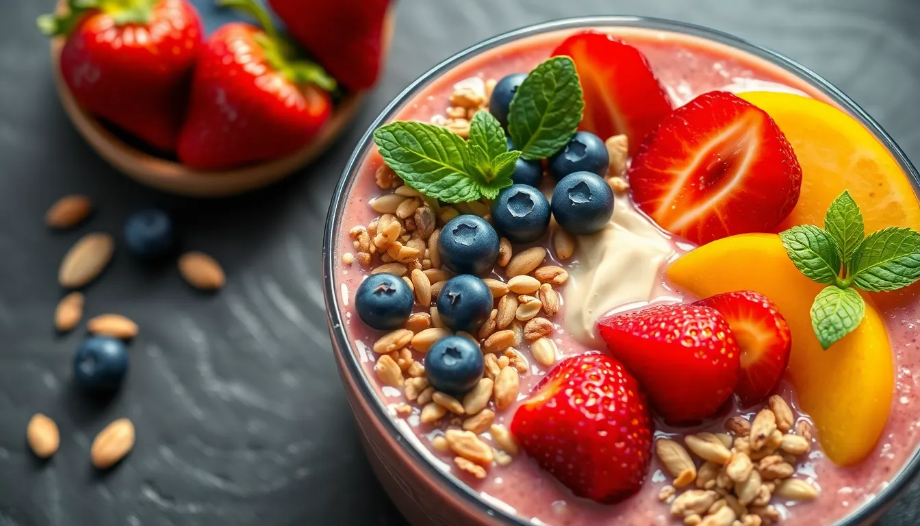 A tantalizing smoothie bowl brimming with fresh fruits, nuts, and seeds, presenting a feast for the eyes. The close-up shot highlights the vibrant colors and textures of the ingredients, creating an appetizing allure. Natural light brings out the richness of the fruits, while the textured slate background adds an earthy touch. Perfect for health and wellness themes, this image epitomizes nutritious beauty.